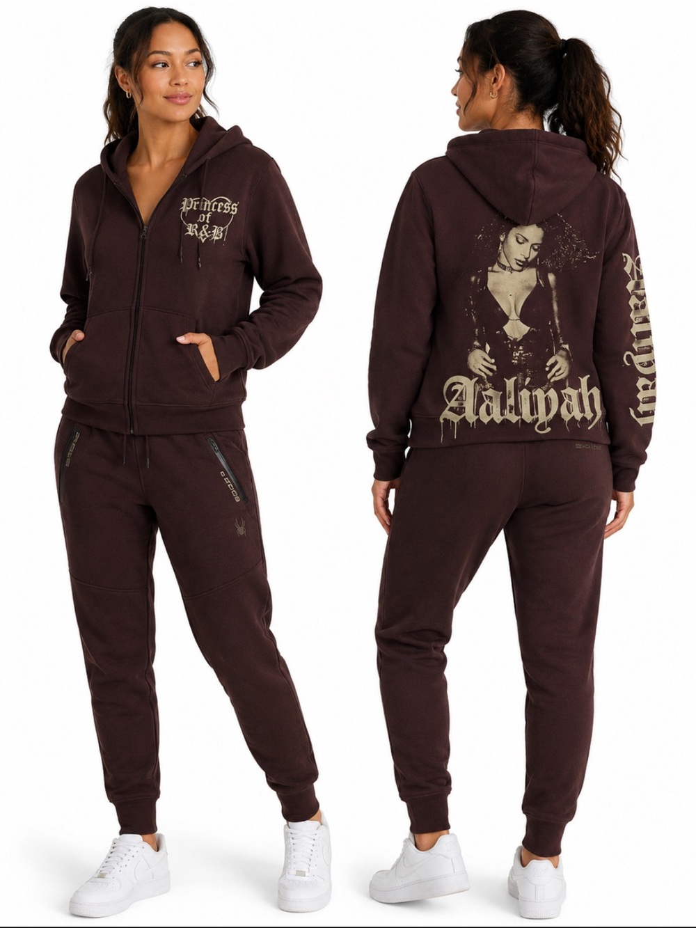 Aaliyah Princess of R&B Brown Graphic Full Zip Hoodie Y2K XS